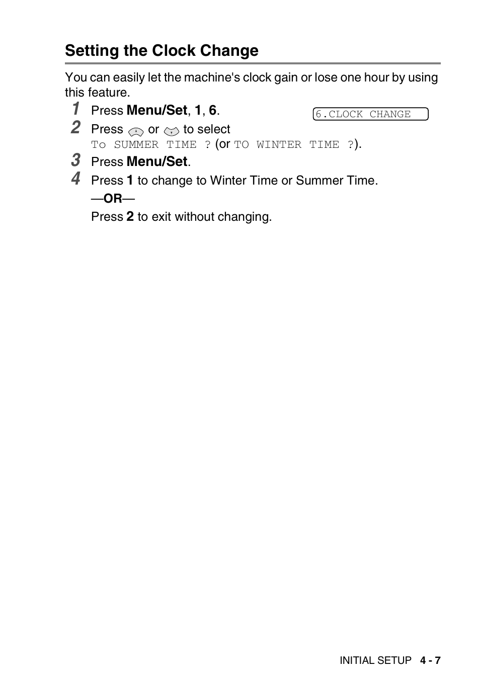 Setting the clock change, Setting the clock change -7 | Brother FAX-T94 User Manual | Page 47 / 166