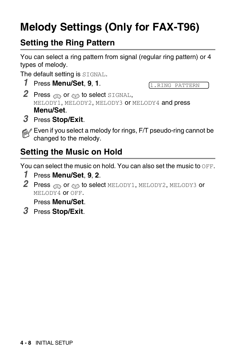 Melody settings (only for fax-t96), Setting the ring pattern, Setting the music on hold | Melody settings (only for fax-t96) -8 | Brother FAX-T94 User Manual | Page 48 / 166