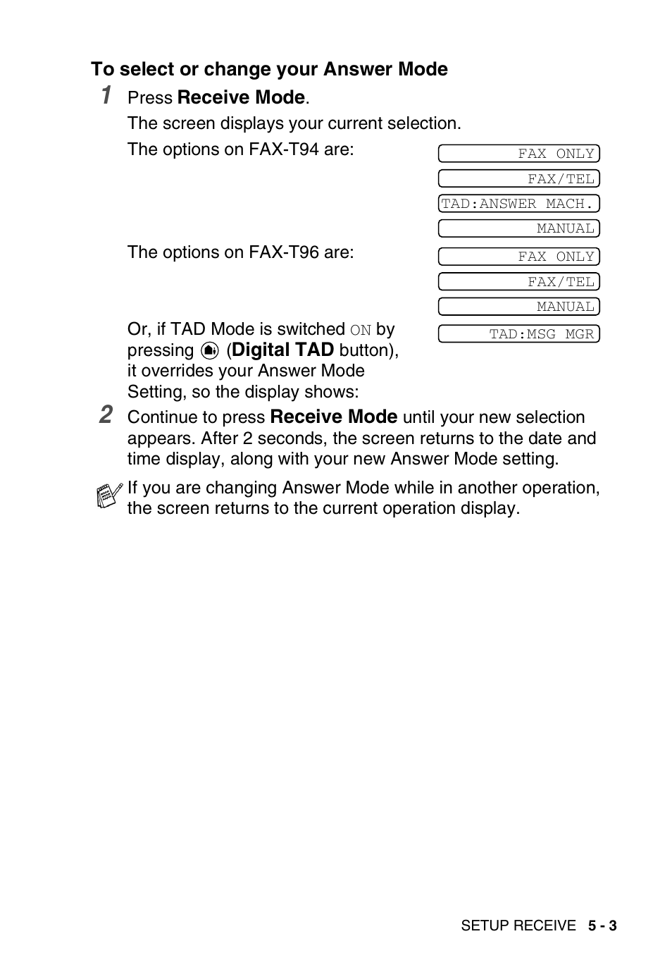 To select or change your answer mode, To select or change your answer mode -3 | Brother FAX-T94 User Manual | Page 51 / 166