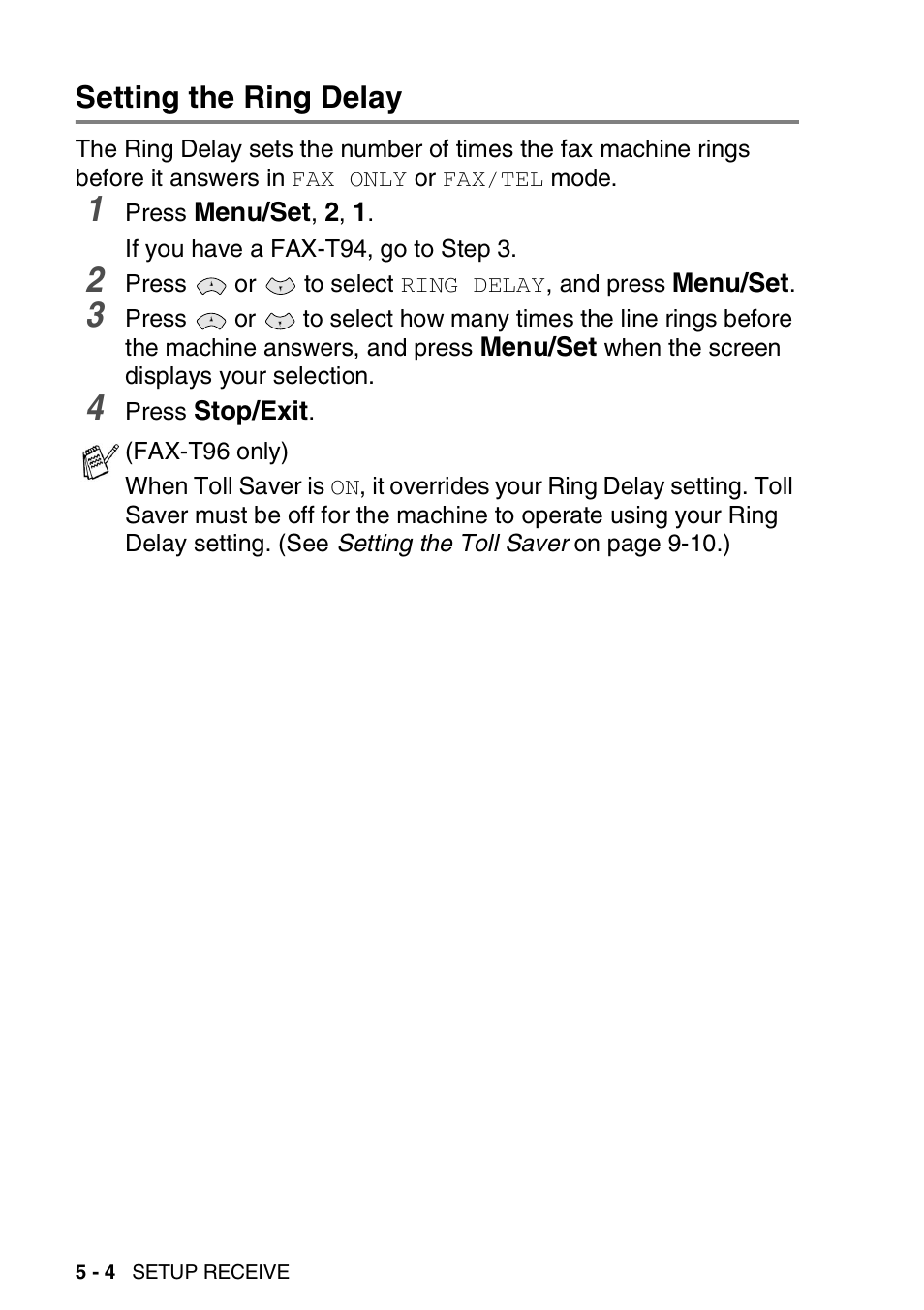 Setting the ring delay, Setting the ring delay -4 | Brother FAX-T94 User Manual | Page 52 / 166