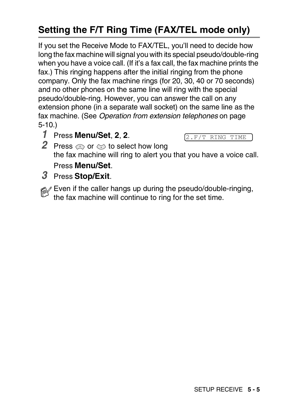 Setting the f/t ring time (fax/tel mode only), Setting the f/t ring time (fax/tel mode only) -5 | Brother FAX-T94 User Manual | Page 53 / 166