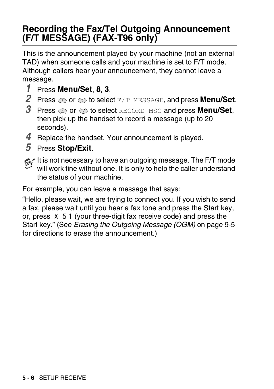 Recording the fax/tel outgoing announcement, F/t message) (fax-t96 only) -6 | Brother FAX-T94 User Manual | Page 54 / 166