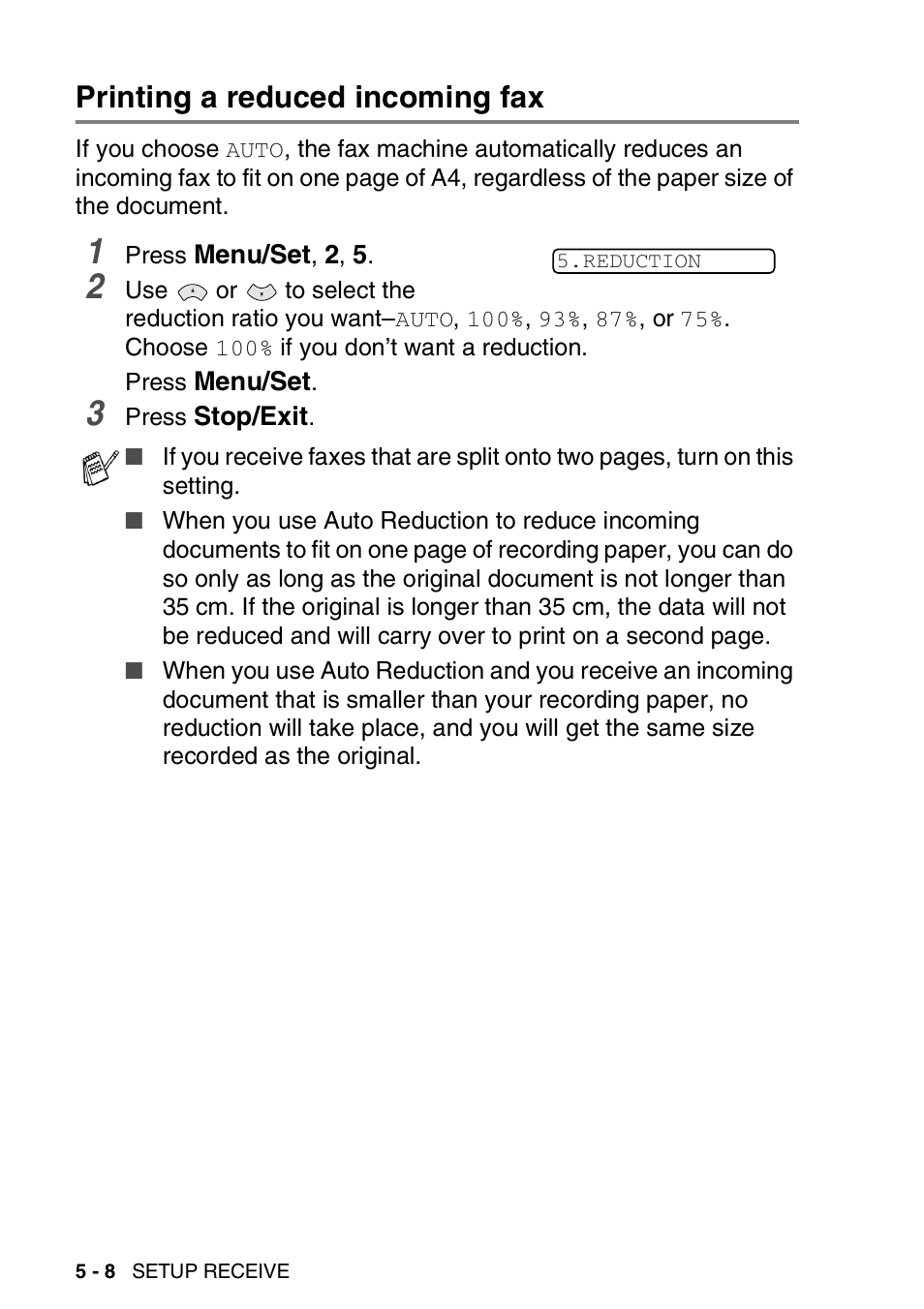 Printing a reduced incoming fax, Printing a reduced incoming fax -8 | Brother FAX-T94 User Manual | Page 56 / 166