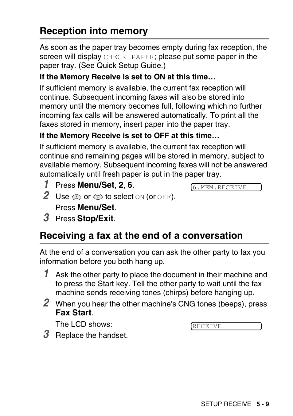 Reception into memory, Receiving a fax at the end of a conversation | Brother FAX-T94 User Manual | Page 57 / 166