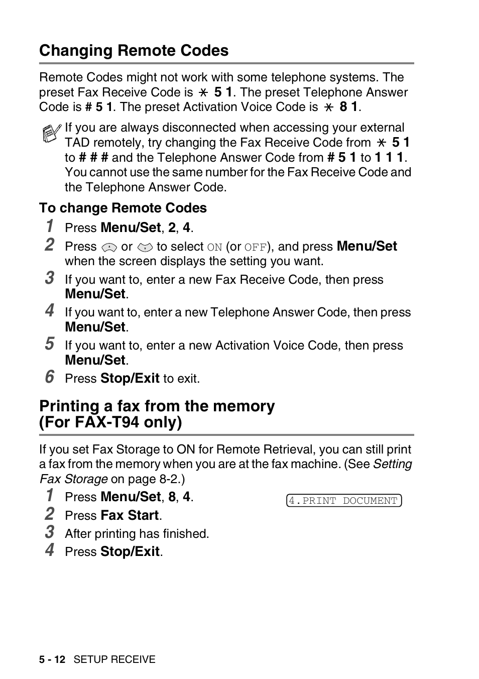 Changing remote codes, To change remote codes, Printing a fax from the memory (for fax-t94 only) | Changing remote codes -12, To change remote codes -12, Printing a fax from the memory, For fax-t94 only) -12 | Brother FAX-T94 User Manual | Page 60 / 166