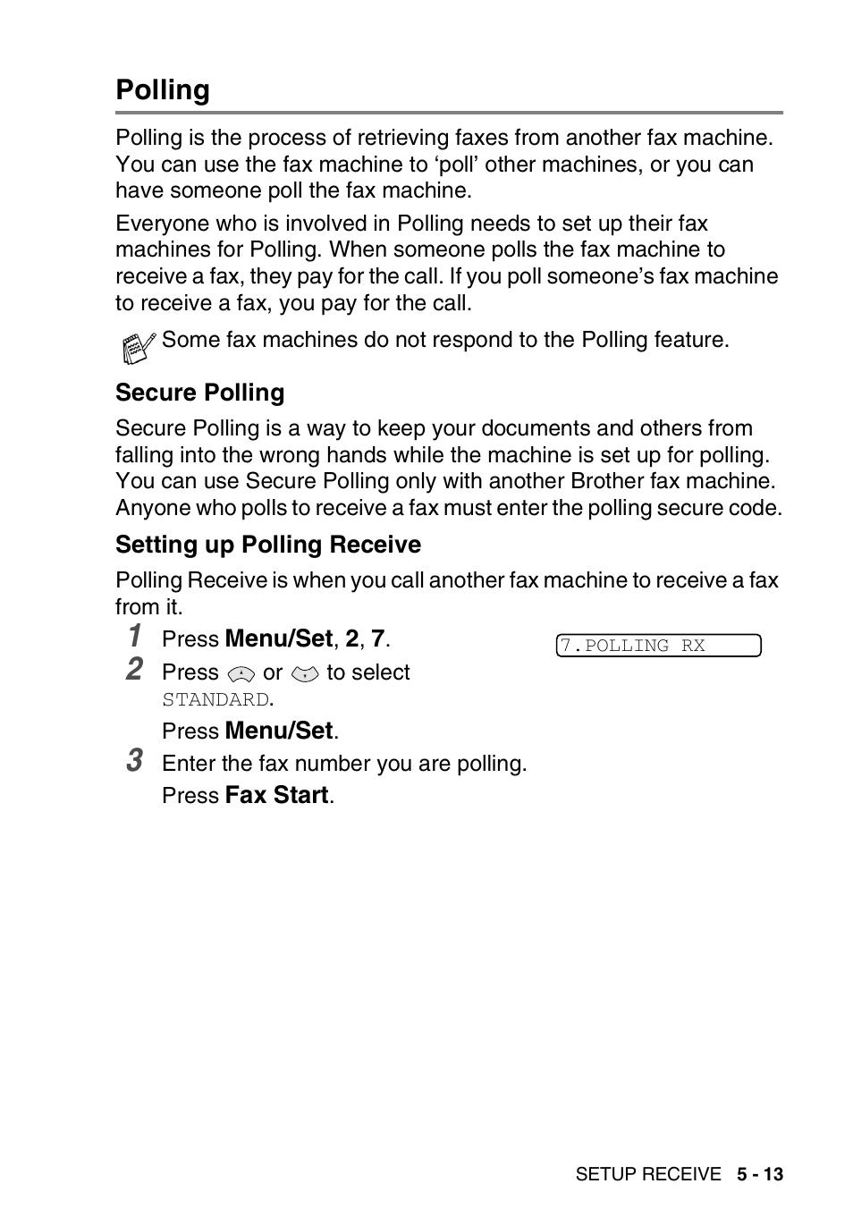 Polling, Secure polling, Setting up polling receive | Polling -13, Secure polling -13 setting up polling receive -13 | Brother FAX-T94 User Manual | Page 61 / 166