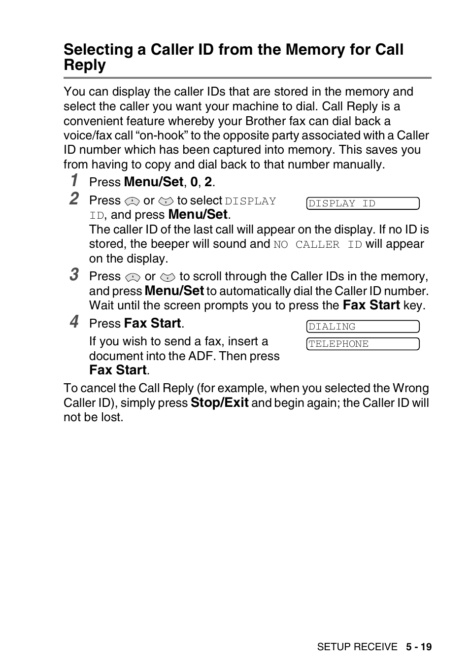 Selecting a caller id from the memory for, Call reply -19 | Brother FAX-T94 User Manual | Page 67 / 166