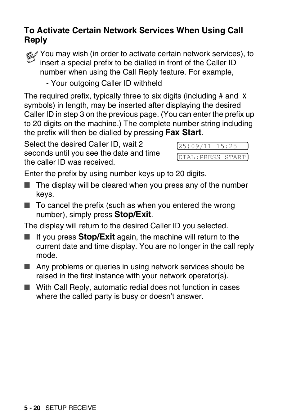 To activate certain network services, When using call reply -20 | Brother FAX-T94 User Manual | Page 68 / 166