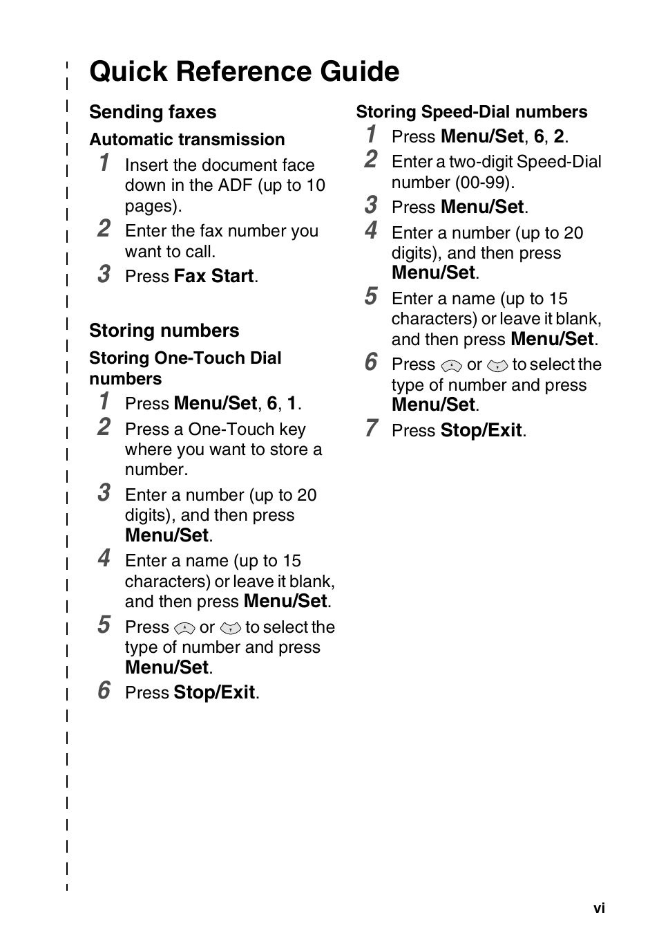 Quick reference guide, Sending faxes, Storing numbers | Brother FAX-T94 User Manual | Page 7 / 166