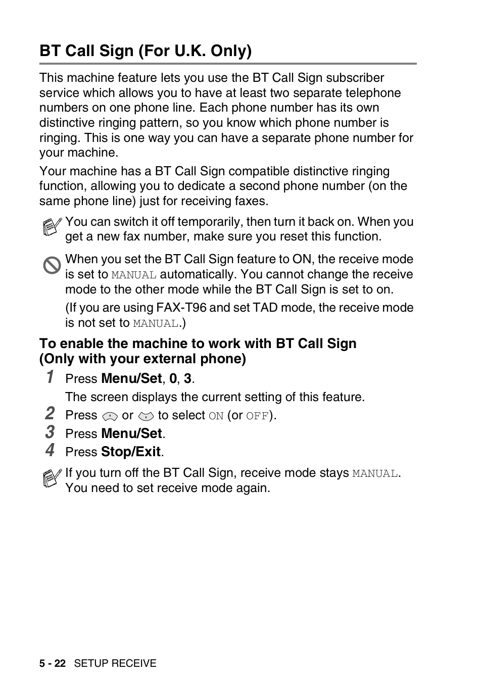 Bt call sign (for u.k. only), Bt call sign (for u.k. only) -22, To enable the machine to work with bt call sign | Only with your external phone) -22 | Brother FAX-T94 User Manual | Page 70 / 166