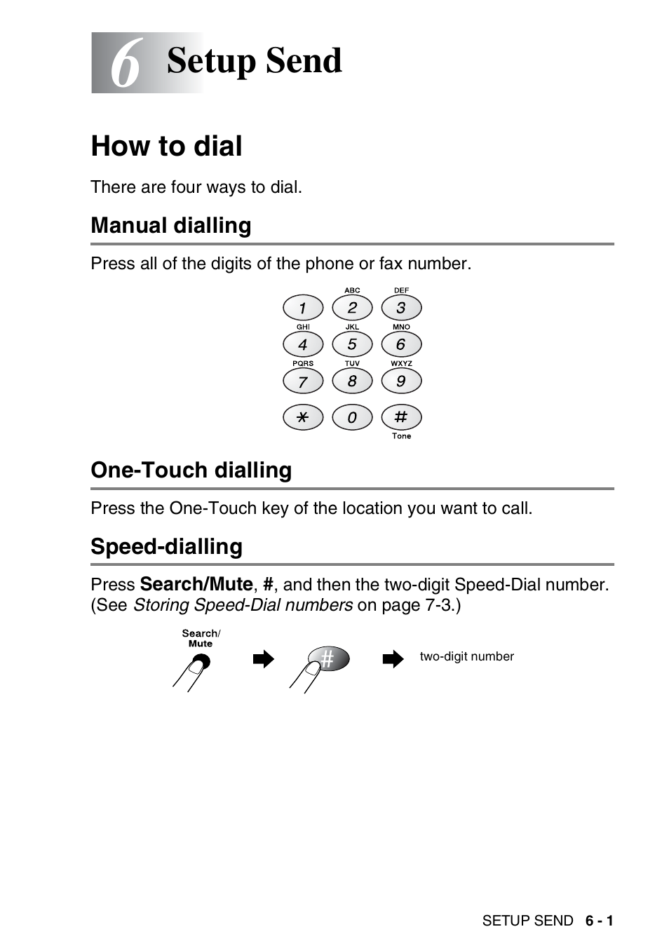 6 setup send, How to dial, Manual dialling | One-touch dialling, Speed-dialling, Setup send -1, How to dial -1, Setup send | Brother FAX-T94 User Manual | Page 71 / 166