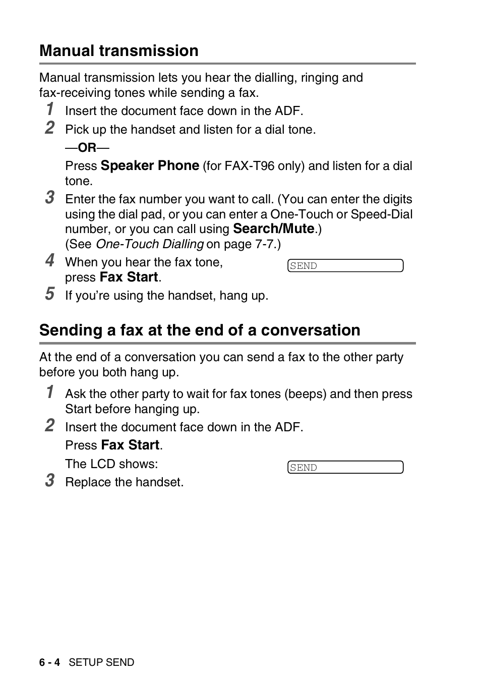 Manual transmission, Sending a fax at the end of a conversation | Brother FAX-T94 User Manual | Page 74 / 166