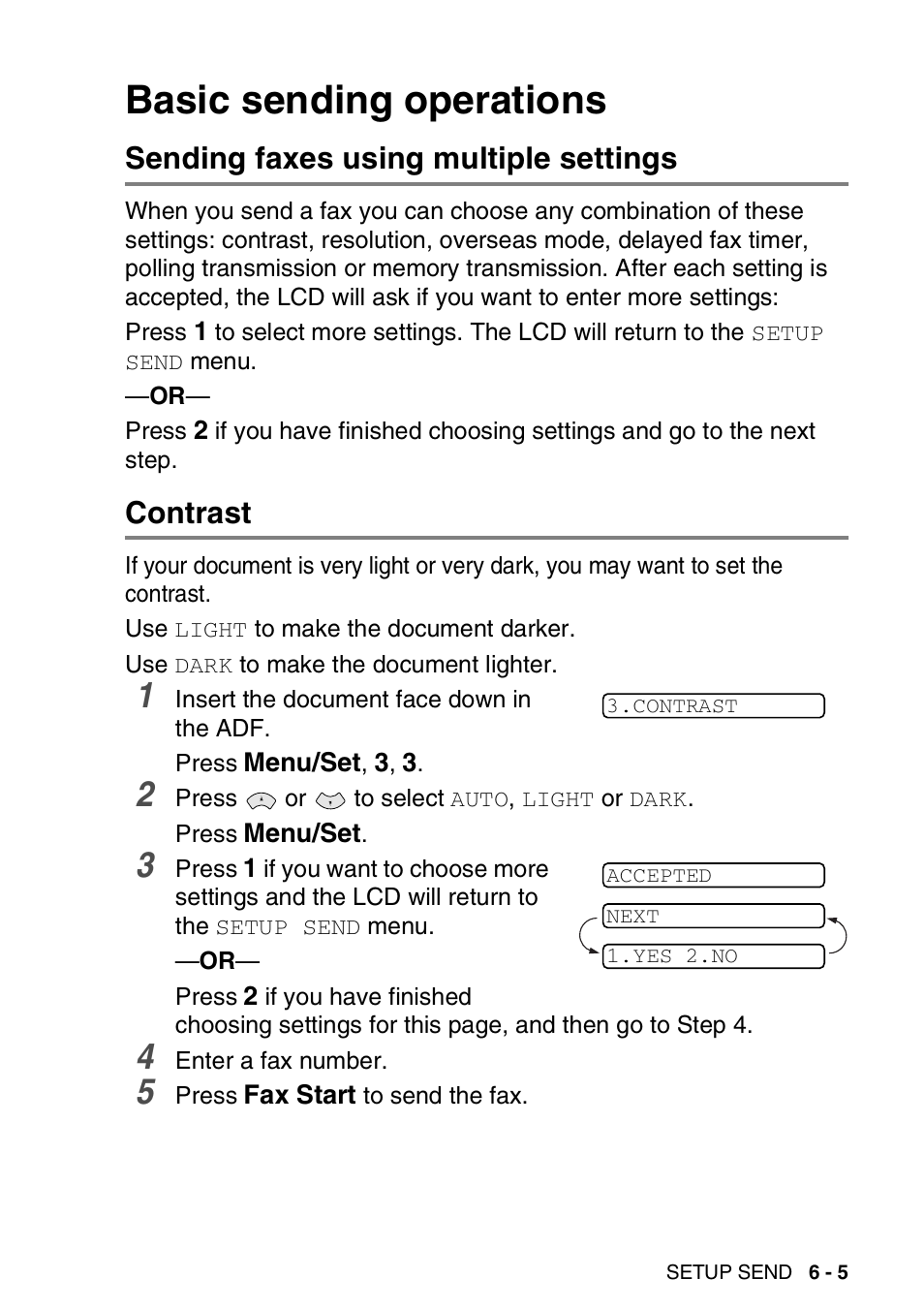 Basic sending operations, Sending faxes using multiple settings, Contrast | Basic sending operations -5 | Brother FAX-T94 User Manual | Page 75 / 166