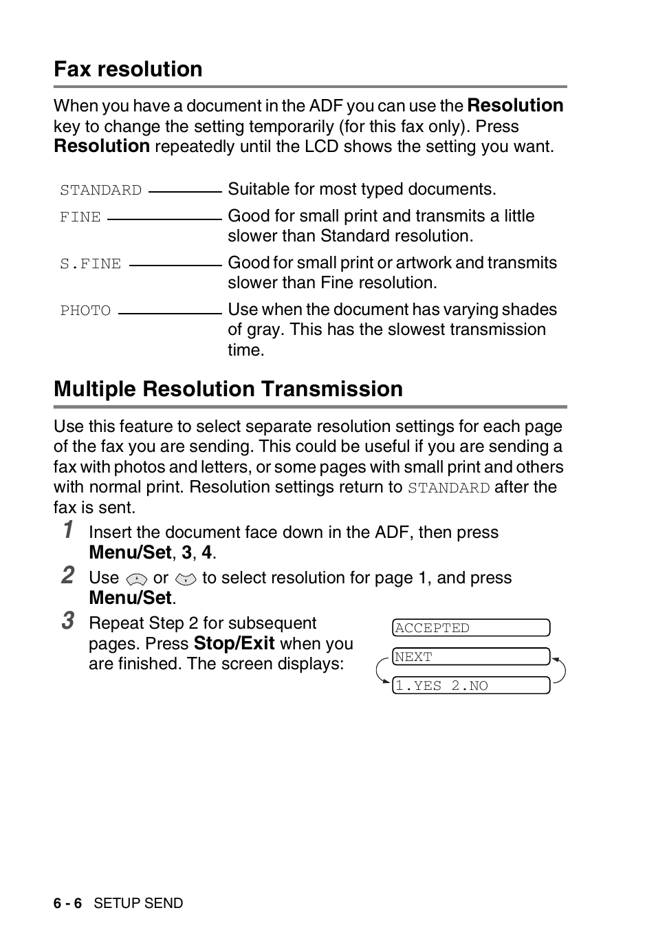 Fax resolution, Multiple resolution transmission | Brother FAX-T94 User Manual | Page 76 / 166