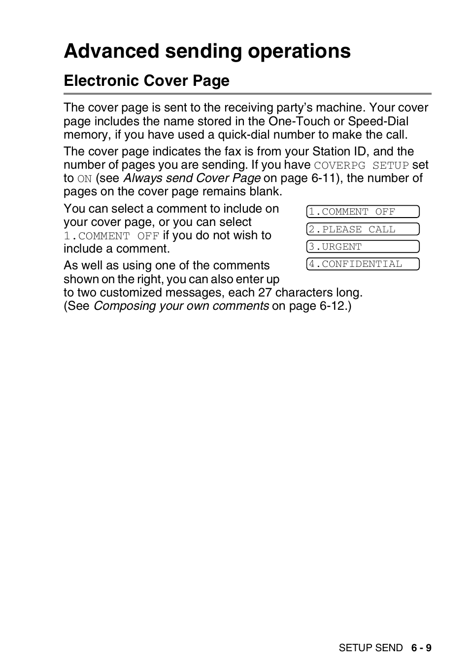 Advanced sending operations, Advanced sending operations -9, Electronic cover page | Brother FAX-T94 User Manual | Page 79 / 166