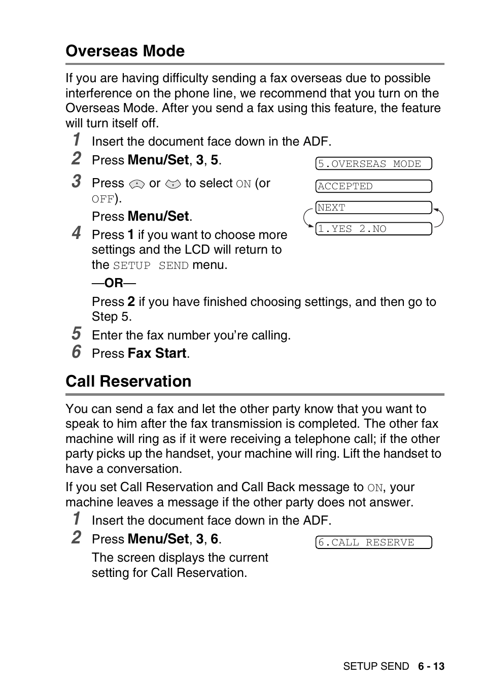 Overseas mode, Call reservation, Overseas mode -13 call reservation -13 | Brother FAX-T94 User Manual | Page 83 / 166