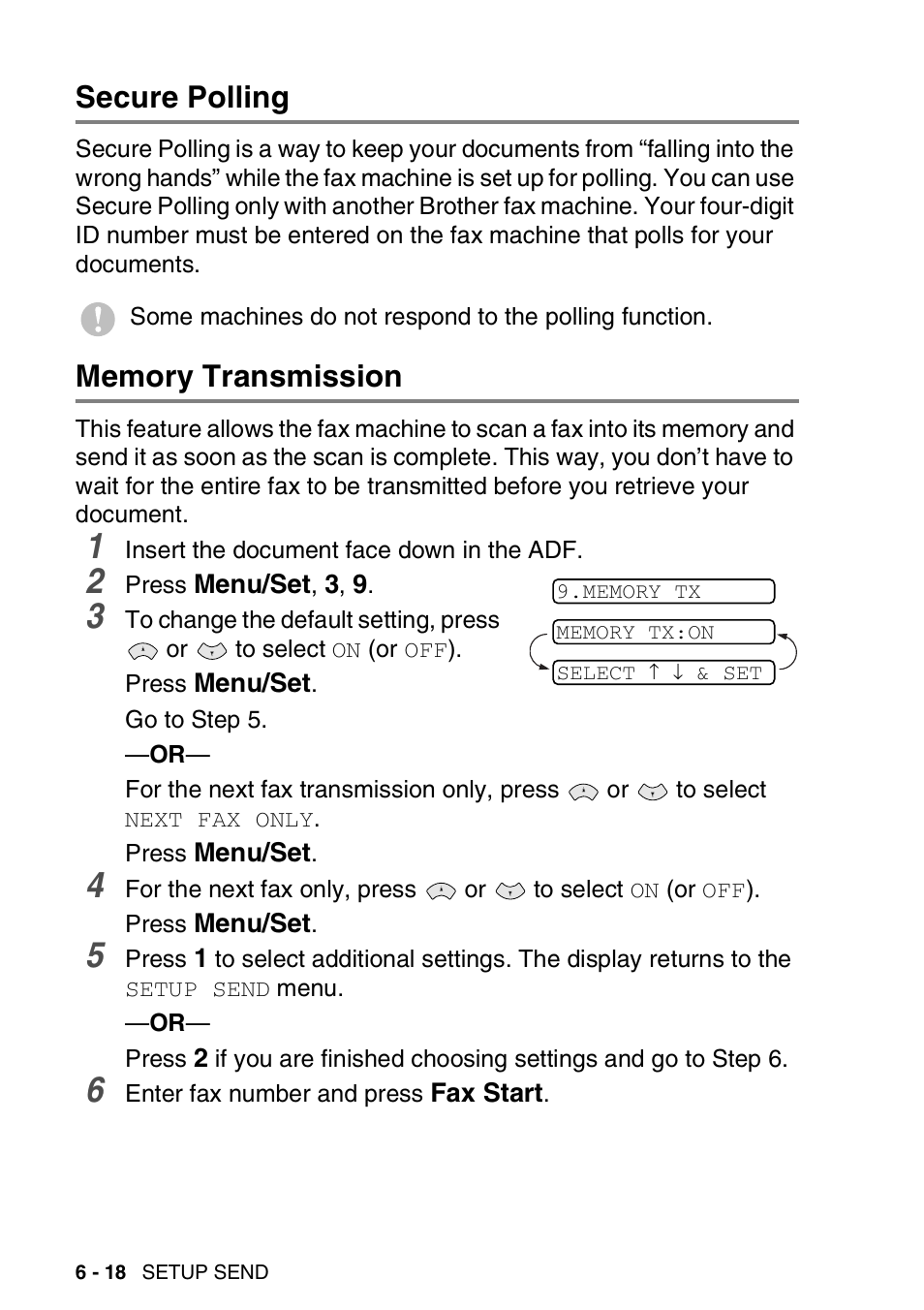 Secure polling, Memory transmission, Secure polling -18 memory transmission -18 | Brother FAX-T94 User Manual | Page 88 / 166