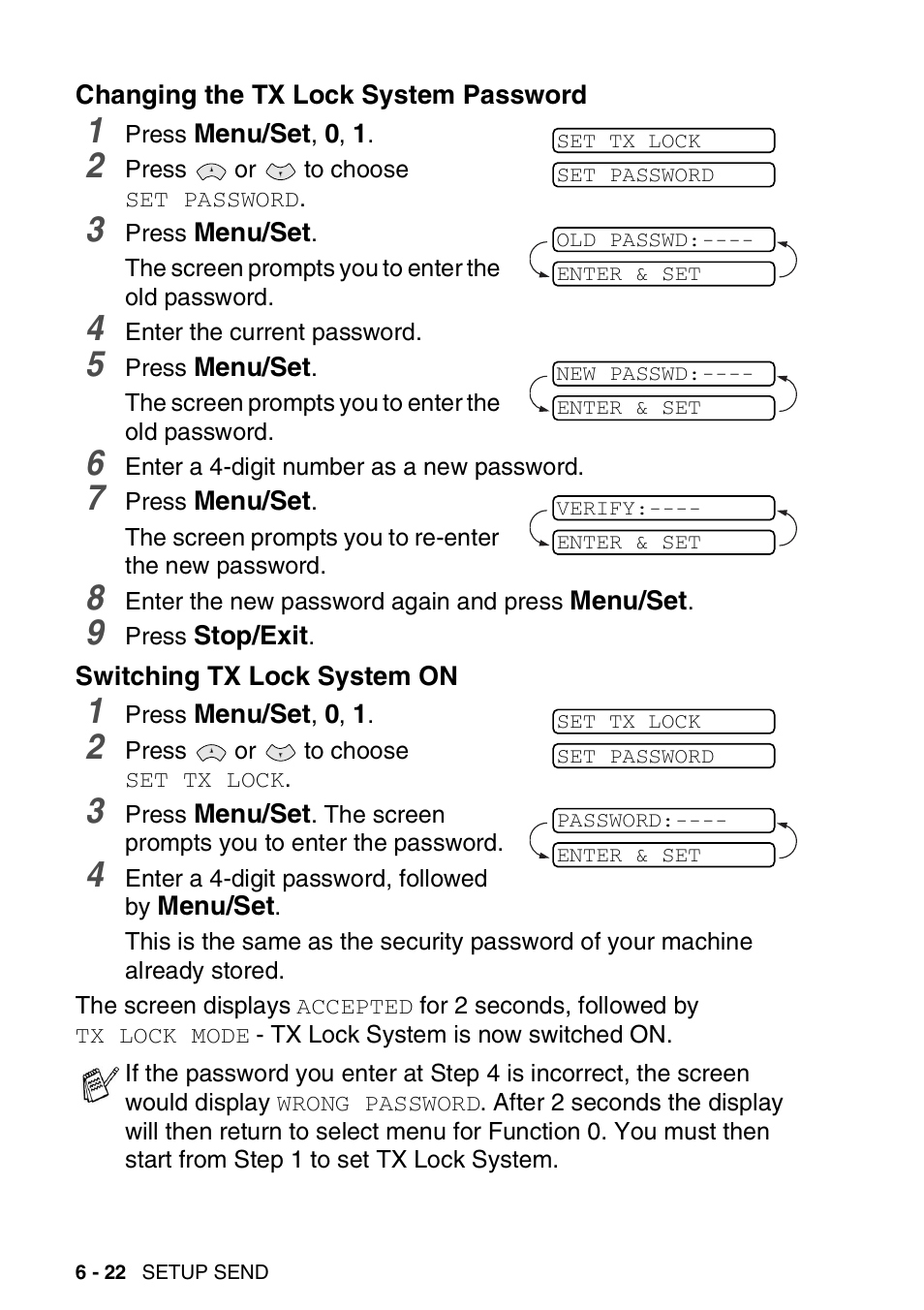 Changing the tx lock system password, Switching tx lock system on | Brother FAX-T94 User Manual | Page 92 / 166