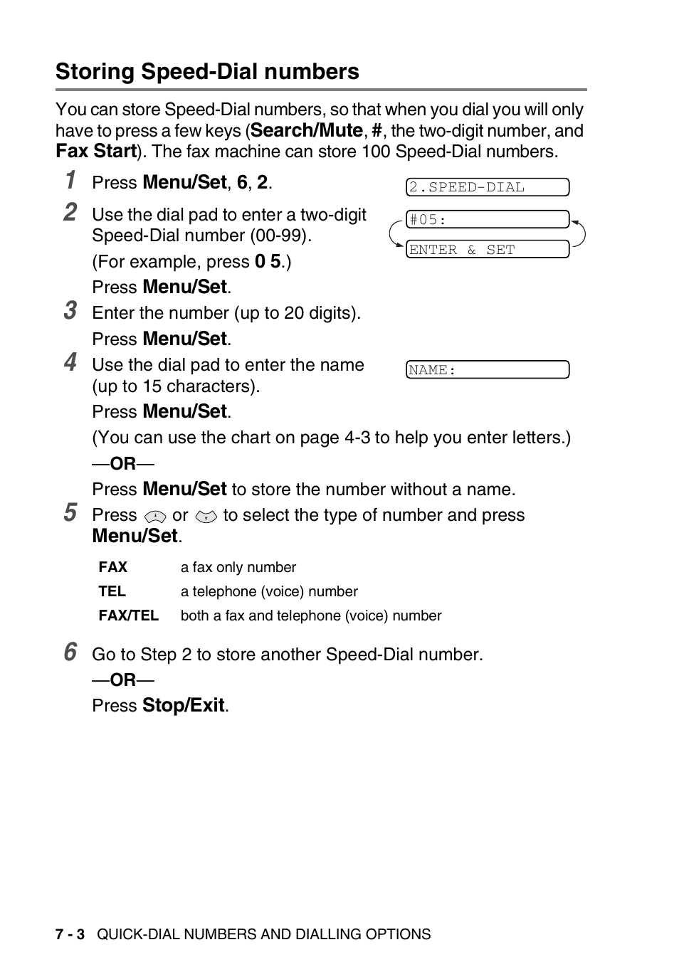 Storing speed-dial numbers, Storing speed-dial numbers -3 | Brother FAX-T94 User Manual | Page 96 / 166