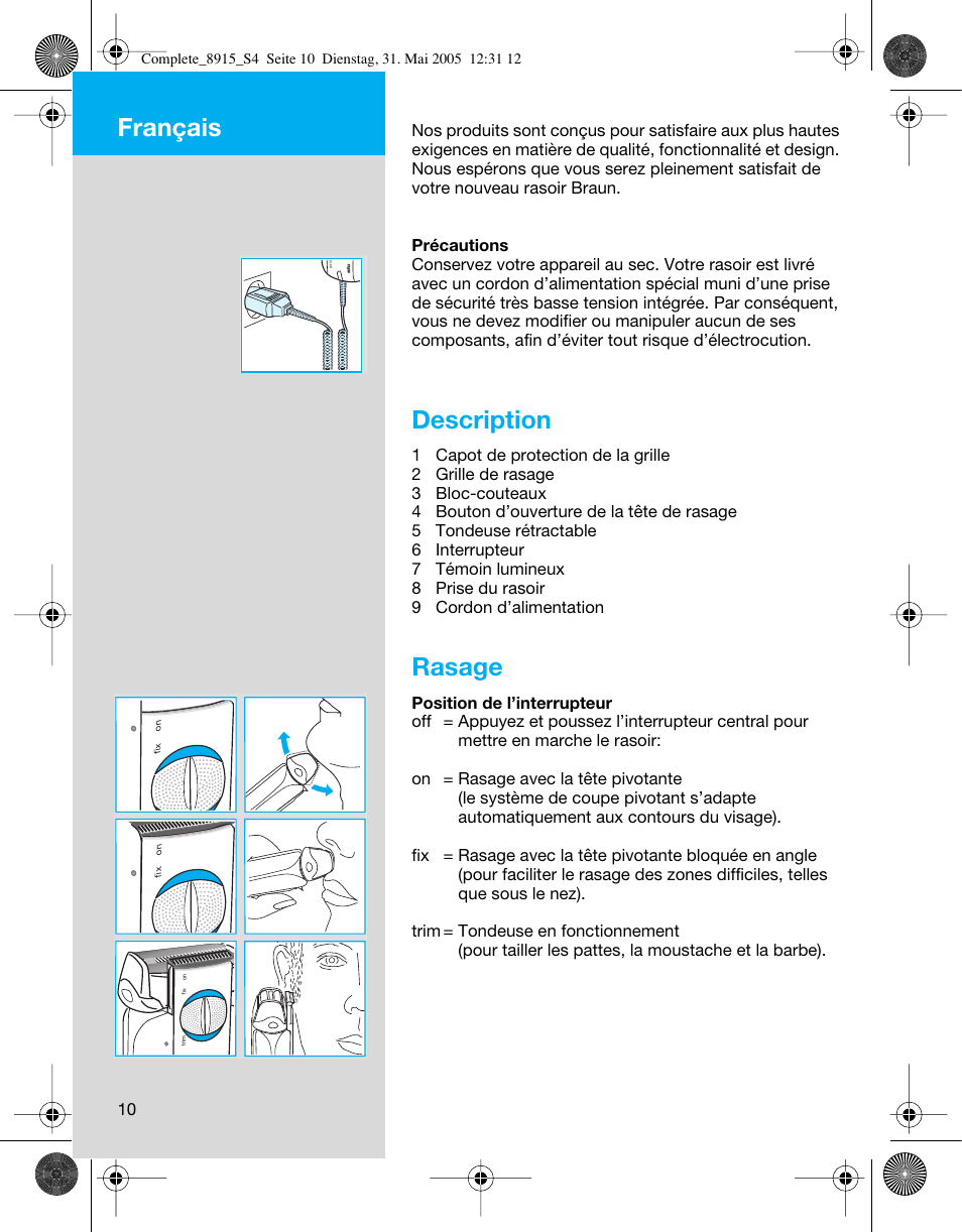 Description, Rasage, Français | Braun 8915 360°Complete User Manual | Page 10 / 50