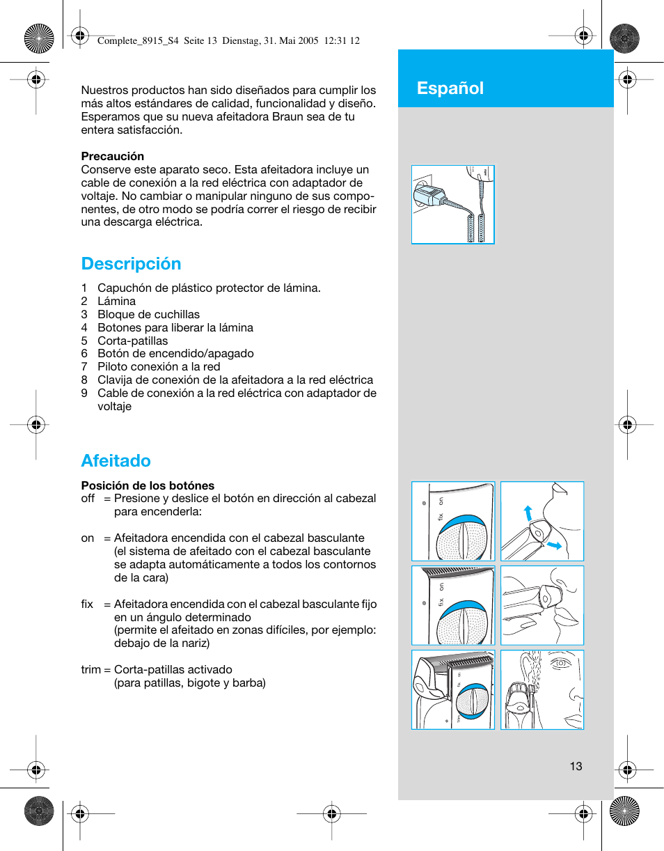 Descripción, Afeitado, Español | Braun 8915 360°Complete User Manual | Page 13 / 50