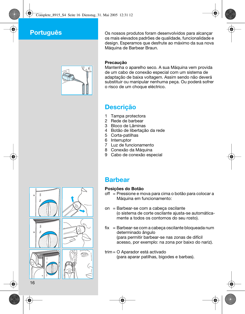 Descrição, Barbear, Português | Braun 8915 360°Complete User Manual | Page 16 / 50