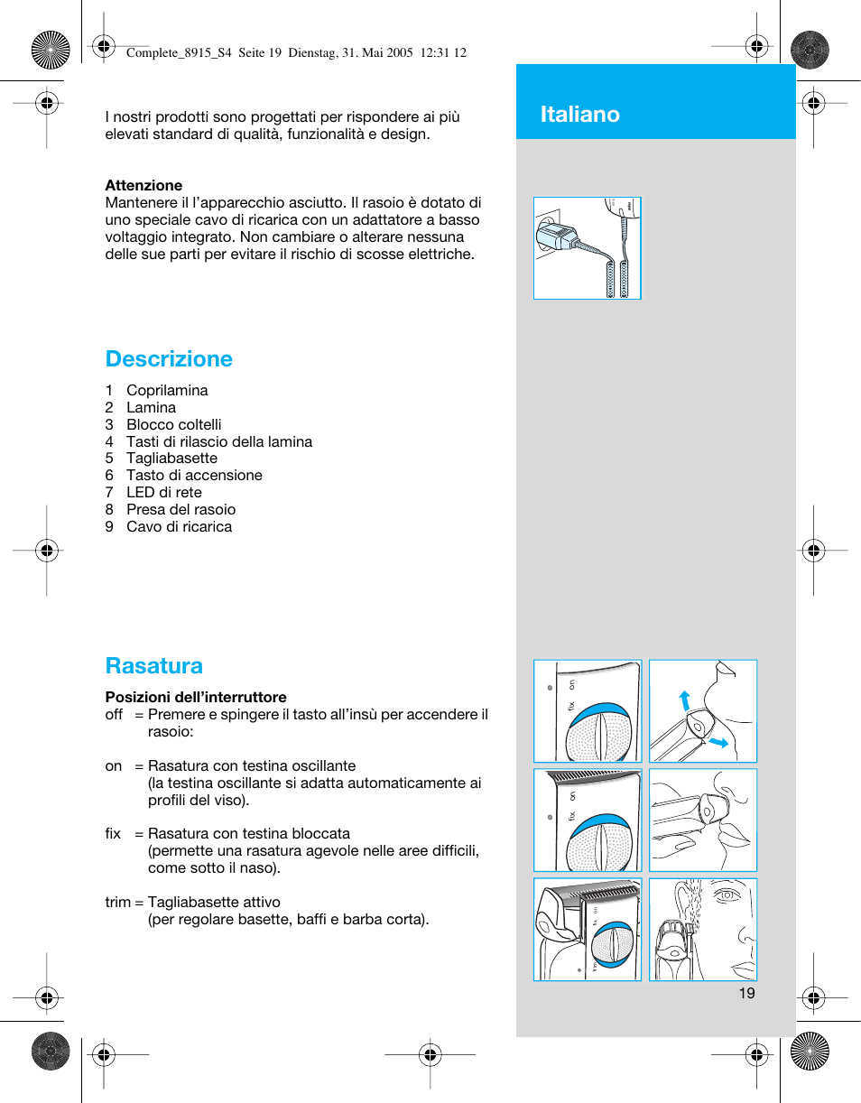 Descrizione, Rasatura, Italiano | Braun 8915 360°Complete User Manual | Page 19 / 50
