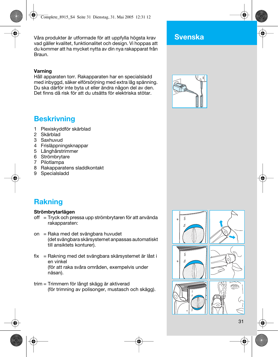 Beskrivning, Rakning, Svenska | Braun 8915 360°Complete User Manual | Page 31 / 50