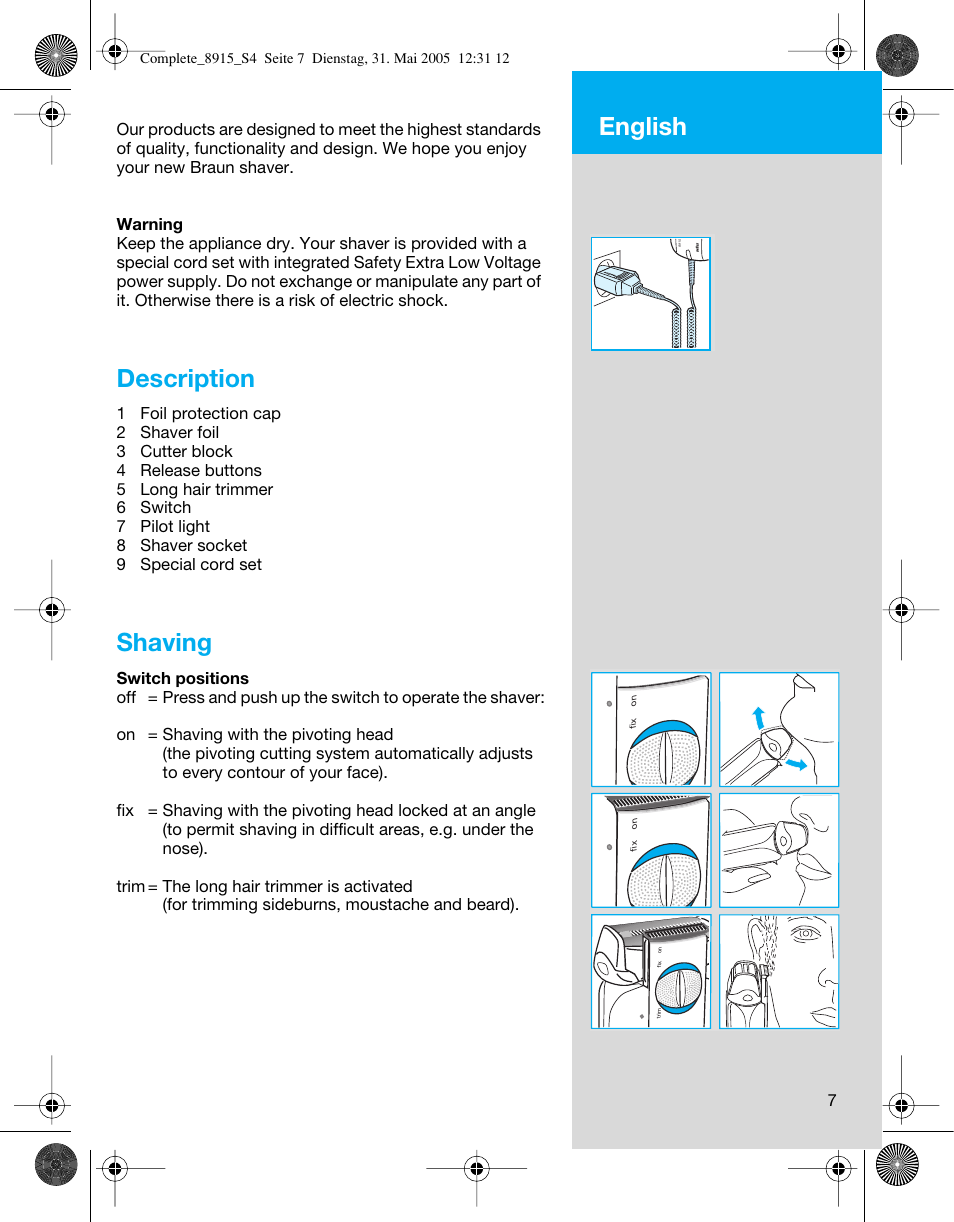 Description, Shaving, English | Braun 8915 360°Complete User Manual | Page 7 / 50