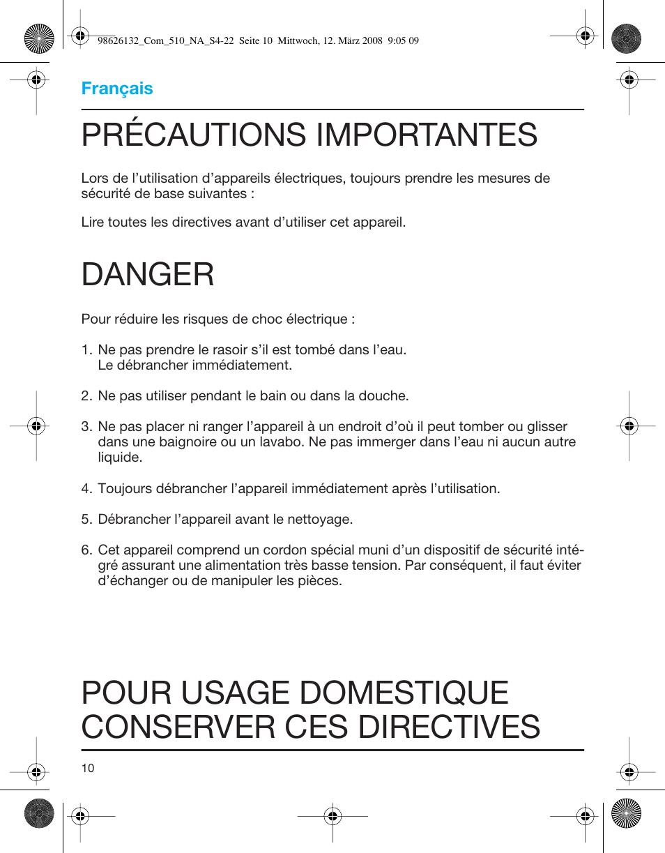 Précautions importantes, Danger, Pour usage domestique conserver ces directives | Braun 510 Series 5 User Manual | Page 10 / 19