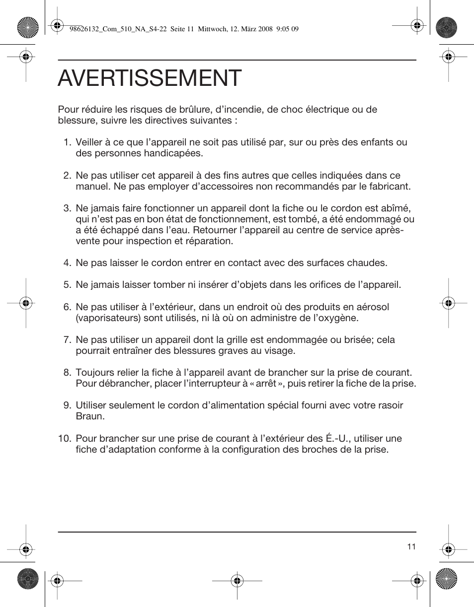 Avertissement | Braun 510 Series 5 User Manual | Page 11 / 19