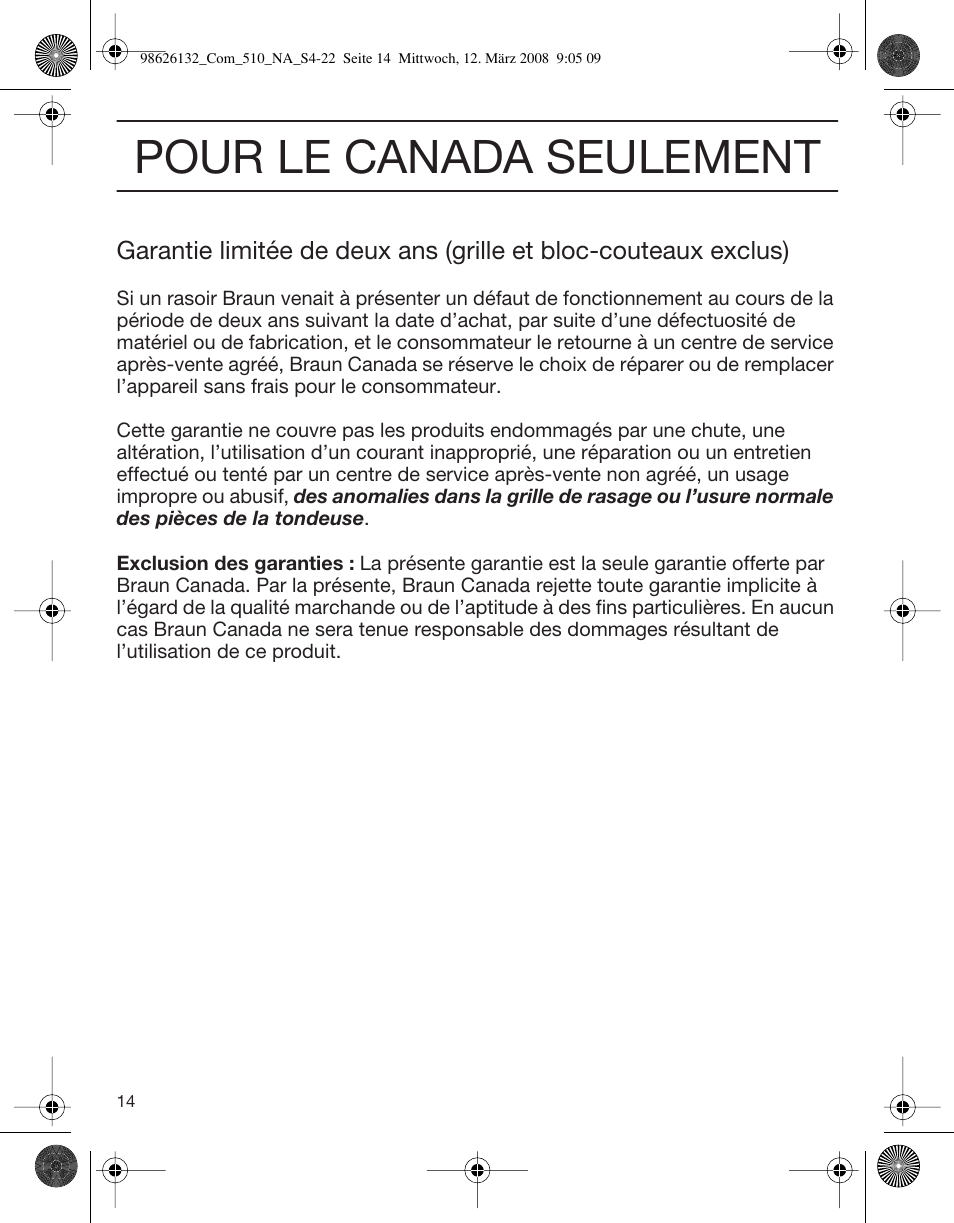 Pour le canada seulement | Braun 510 Series 5 User Manual | Page 14 / 19