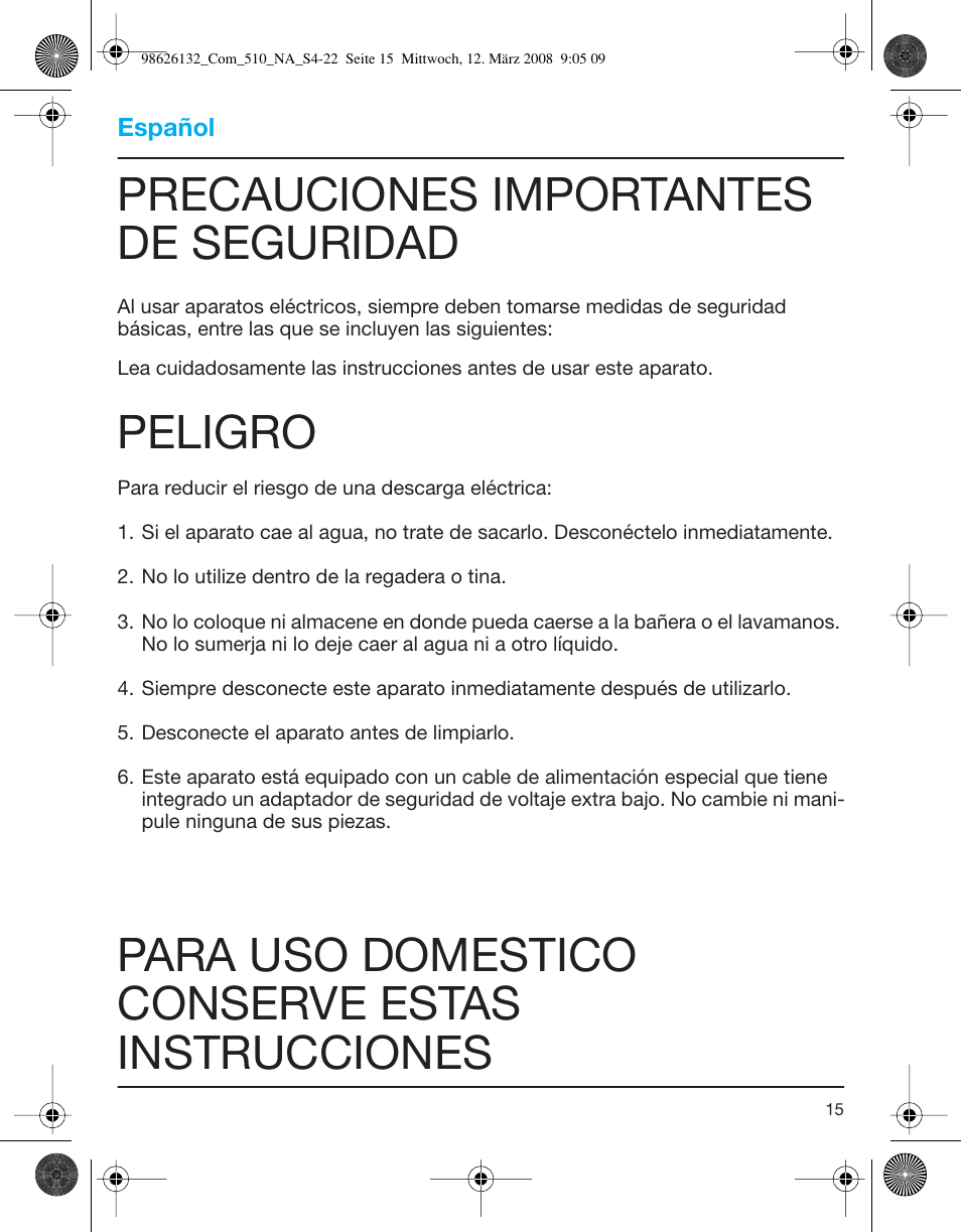 Precauciones importantes de seguridad, Peligro, Para uso domestico conserve estas instrucciones | Braun 510 Series 5 User Manual | Page 15 / 19