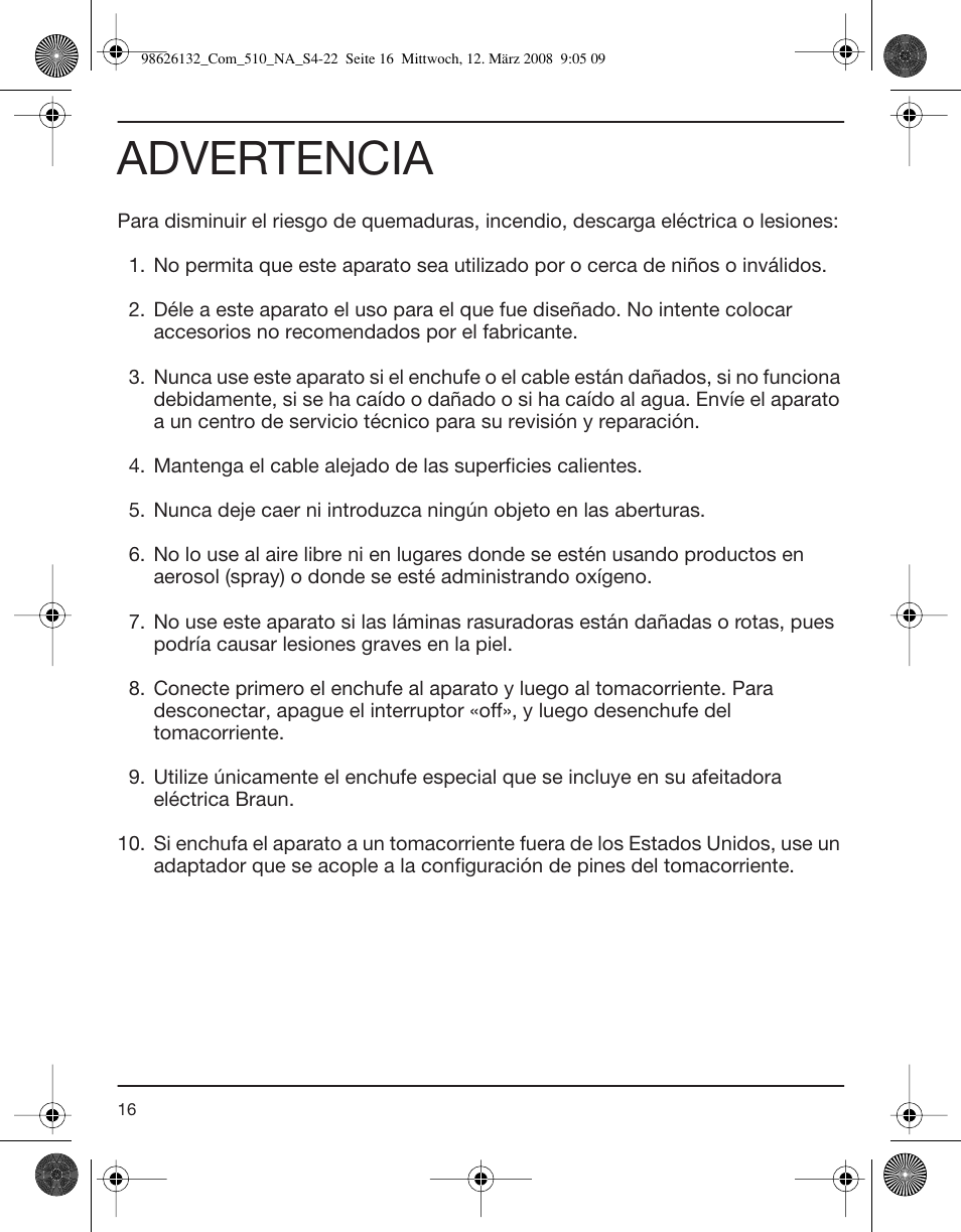 Advertencia | Braun 510 Series 5 User Manual | Page 16 / 19