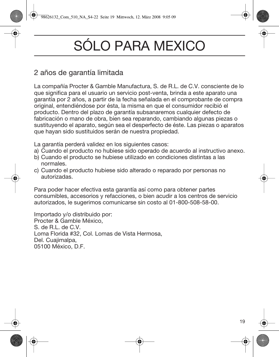 Sólo para mexico | Braun 510 Series 5 User Manual | Page 19 / 19