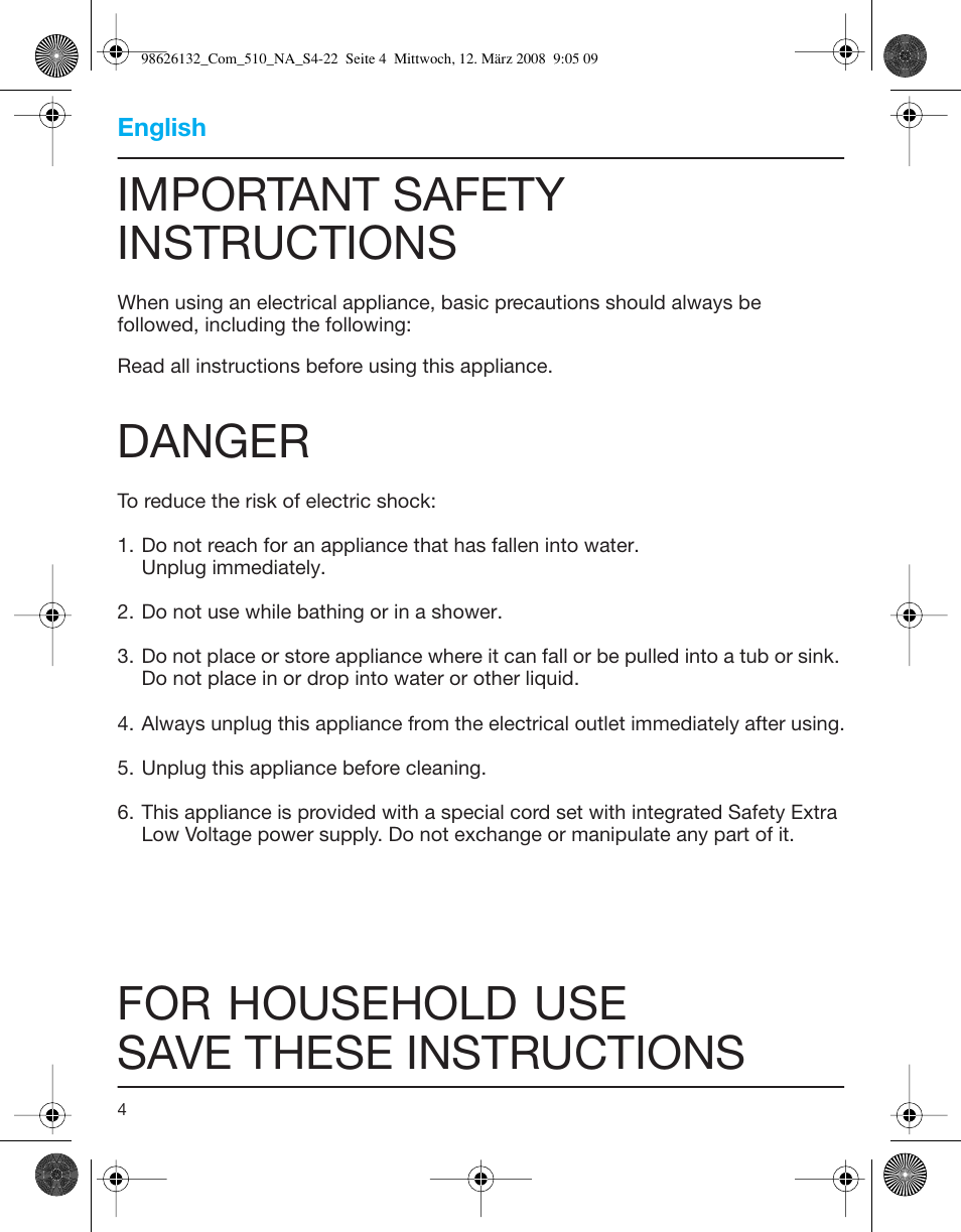 Important safety instructions, Danger, For household use save these instructions | Braun 510 Series 5 User Manual | Page 4 / 19