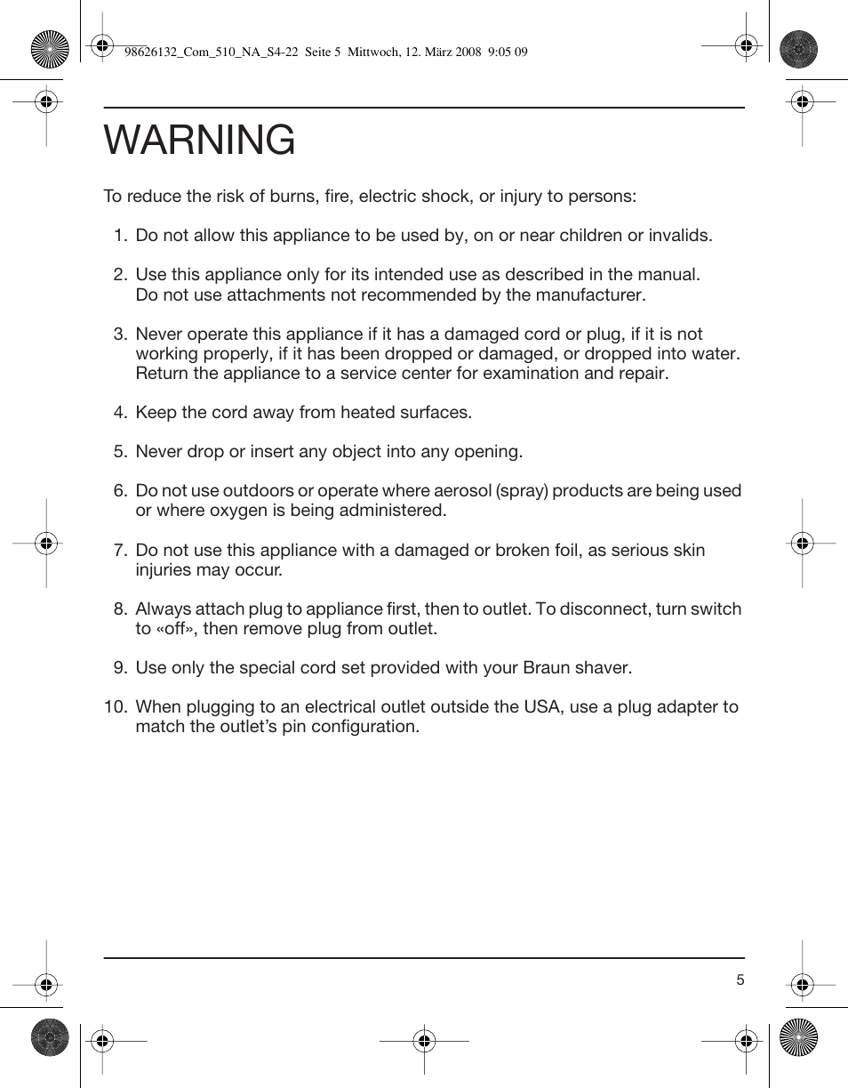 Warning | Braun 510 Series 5 User Manual | Page 5 / 19