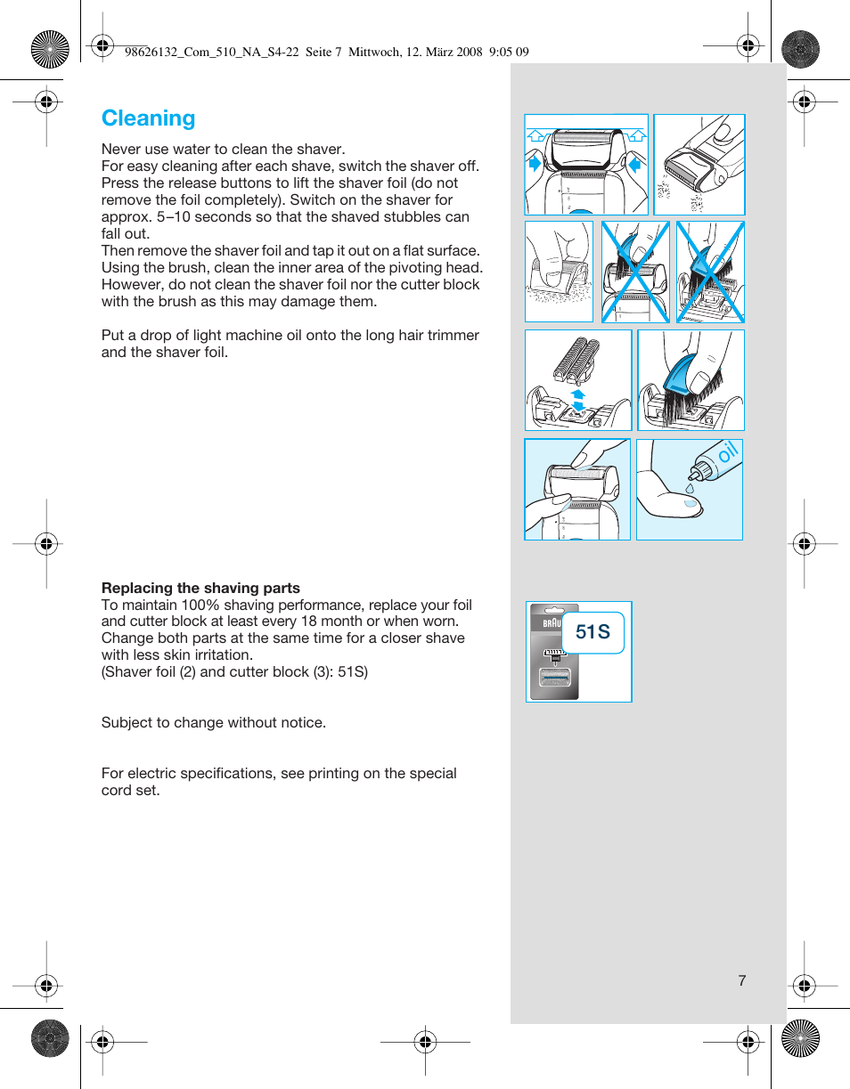 Cleaning | Braun 510 Series 5 User Manual | Page 7 / 19