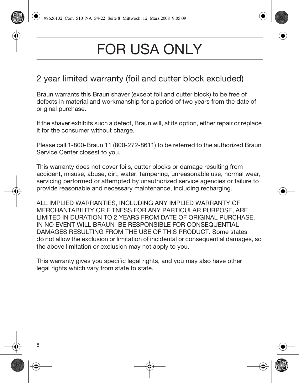 For usa only | Braun 510 Series 5 User Manual | Page 8 / 19