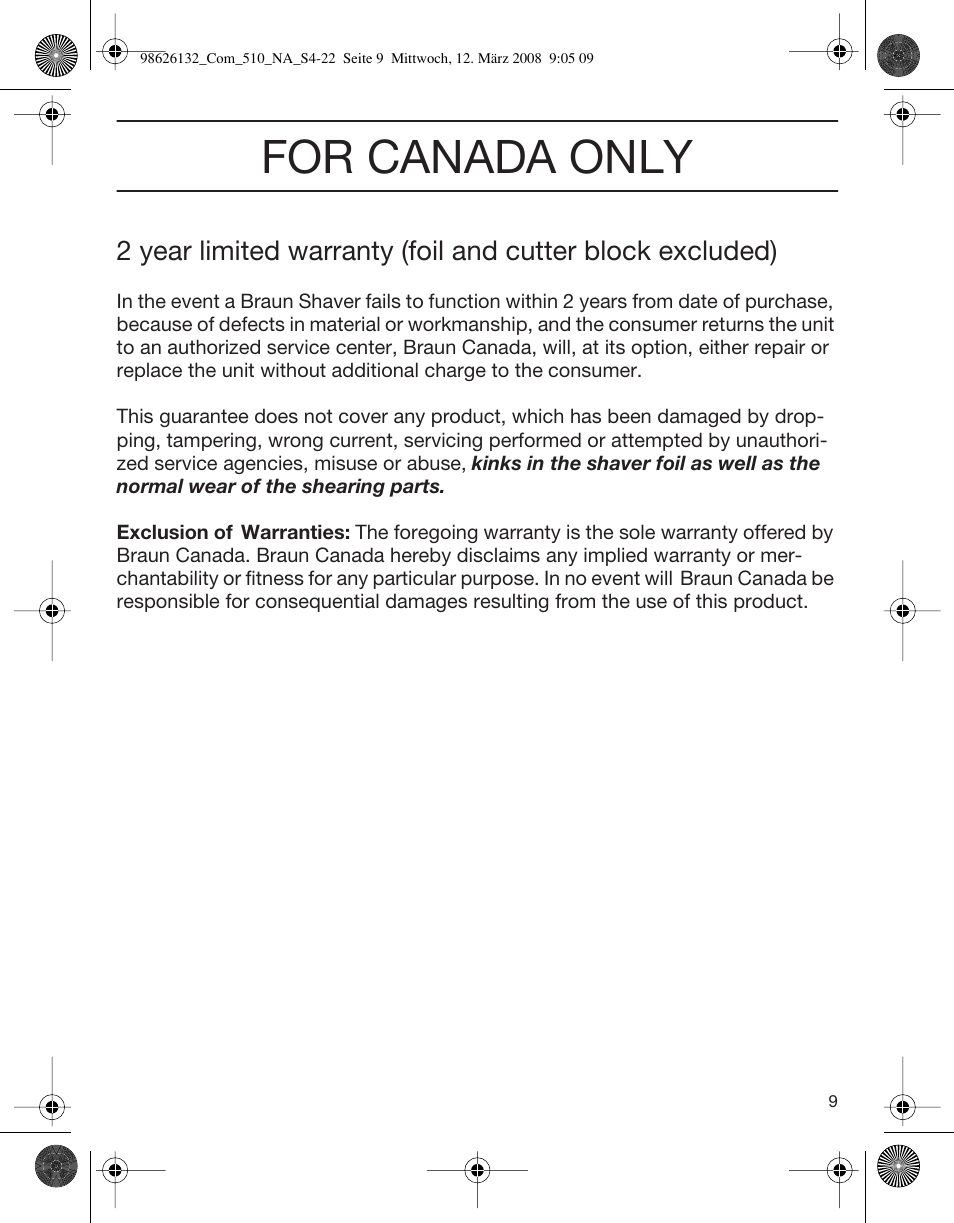 For canada only | Braun 510 Series 5 User Manual | Page 9 / 19