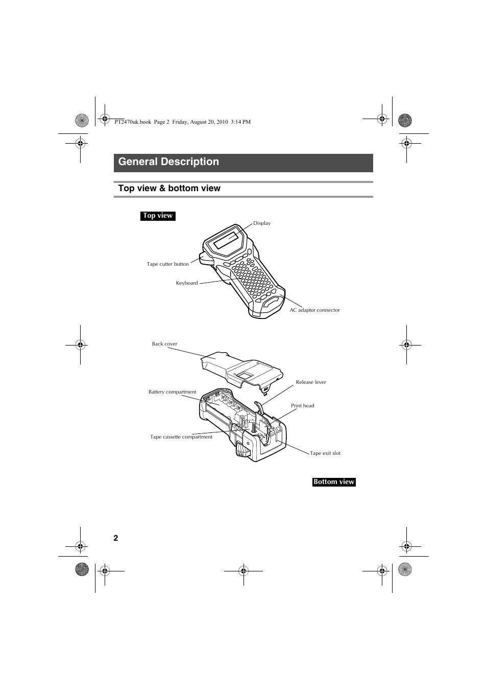 General description, Top view & bottom view | Brother PT-2470 User Manual | Page 12 / 66
