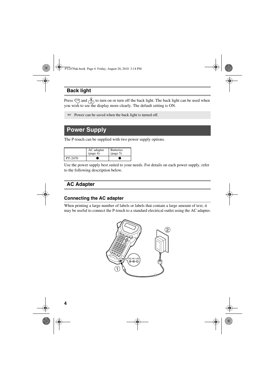 Back light, Power supply, Ac adapter | Brother PT-2470 User Manual | Page 14 / 66