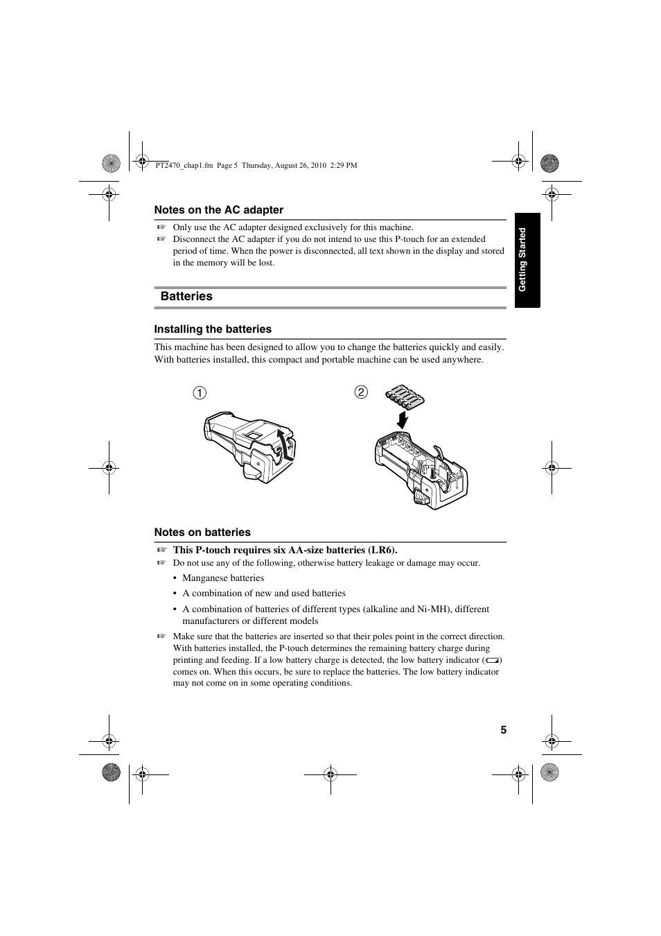 Batteries | Brother PT-2470 User Manual | Page 15 / 66