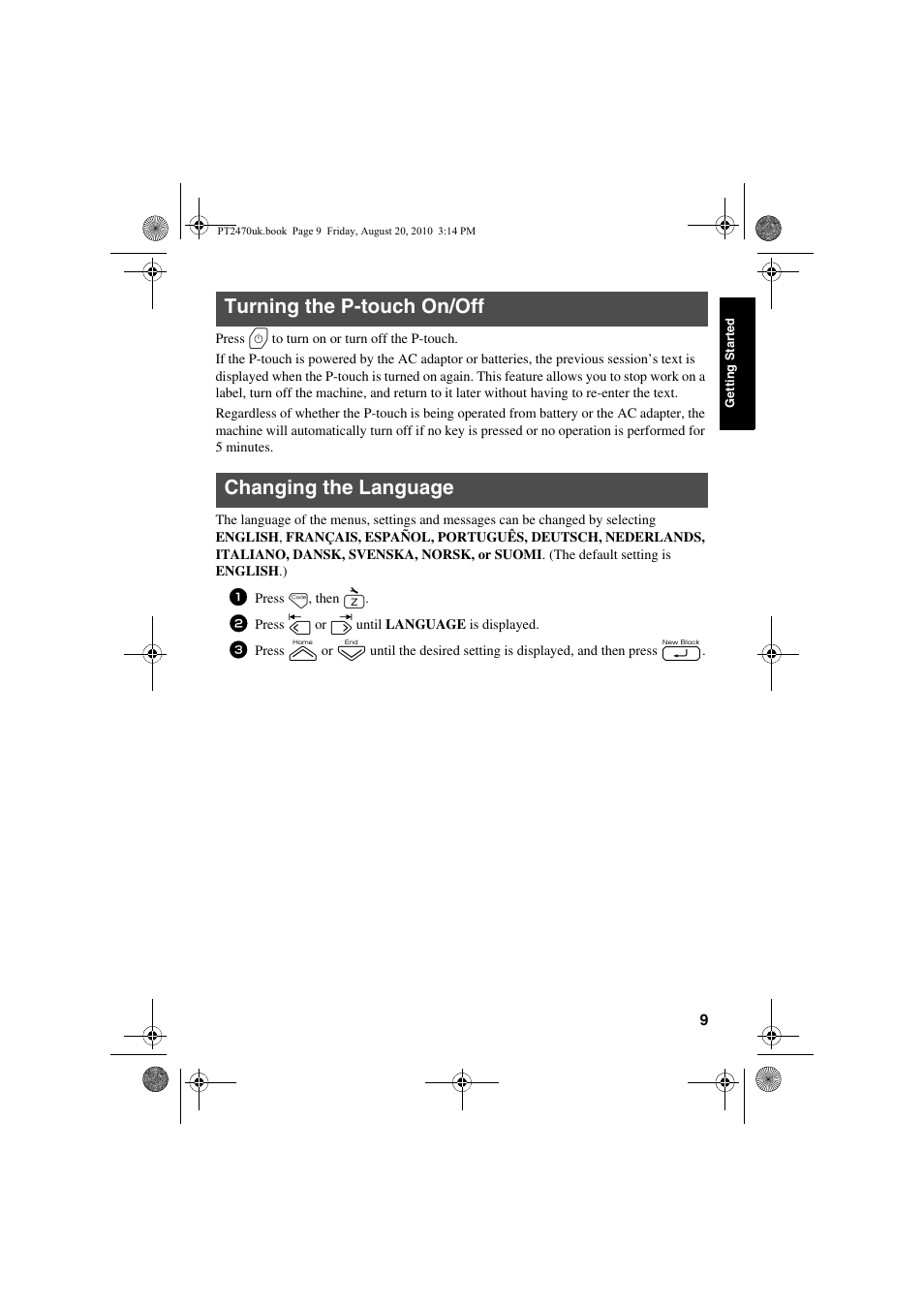Turning the p-touch on/off, Changing the language, Turning the p-touch on/off changing the language | Brother PT-2470 User Manual | Page 19 / 66