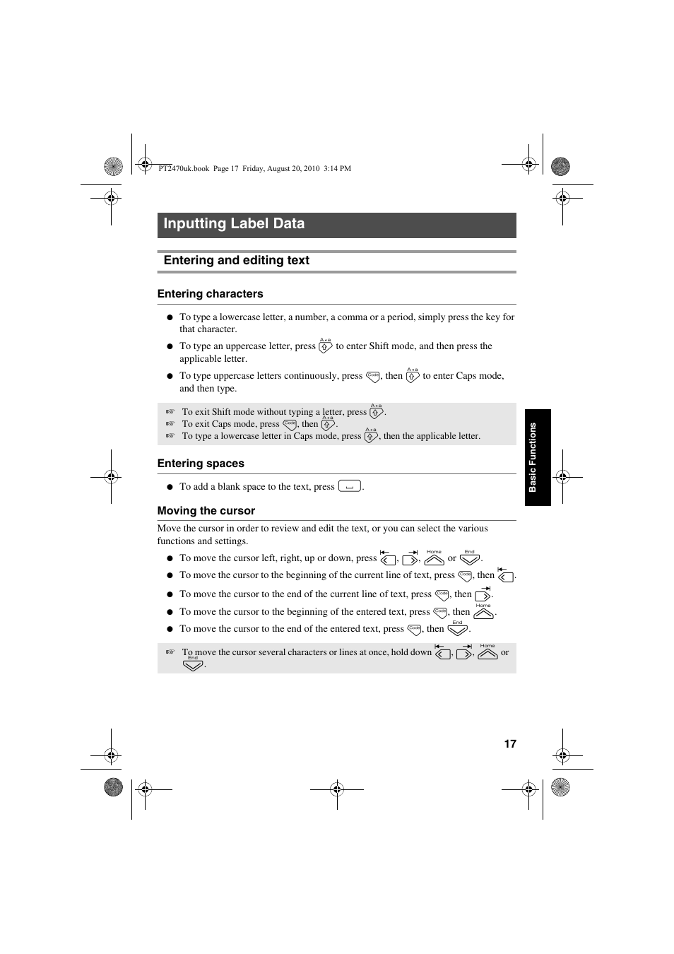 Inputting label data, Entering and editing text | Brother PT-2470 User Manual | Page 27 / 66