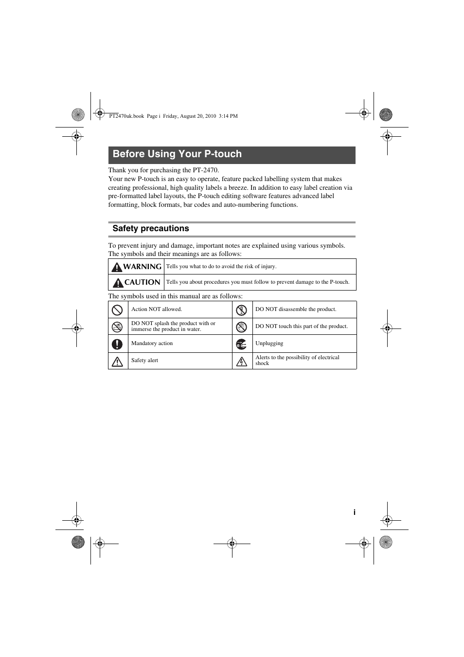 Before using your p-touch, Safety precautions | Brother PT-2470 User Manual | Page 3 / 66