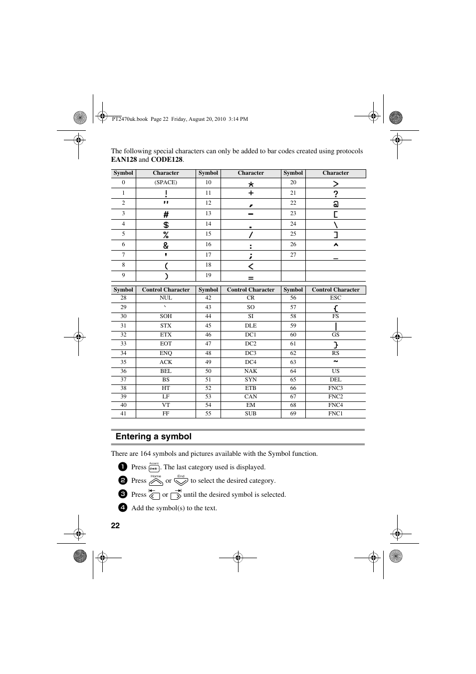 Entering a symbol | Brother PT-2470 User Manual | Page 32 / 66