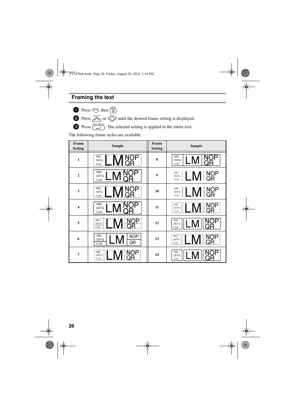 Framing the text | Brother PT-2470 User Manual | Page 36 / 66
