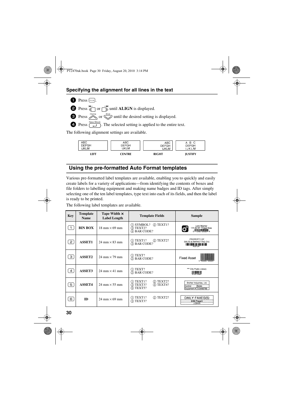 Using the pre-formatted auto format templates | Brother PT-2470 User Manual | Page 40 / 66