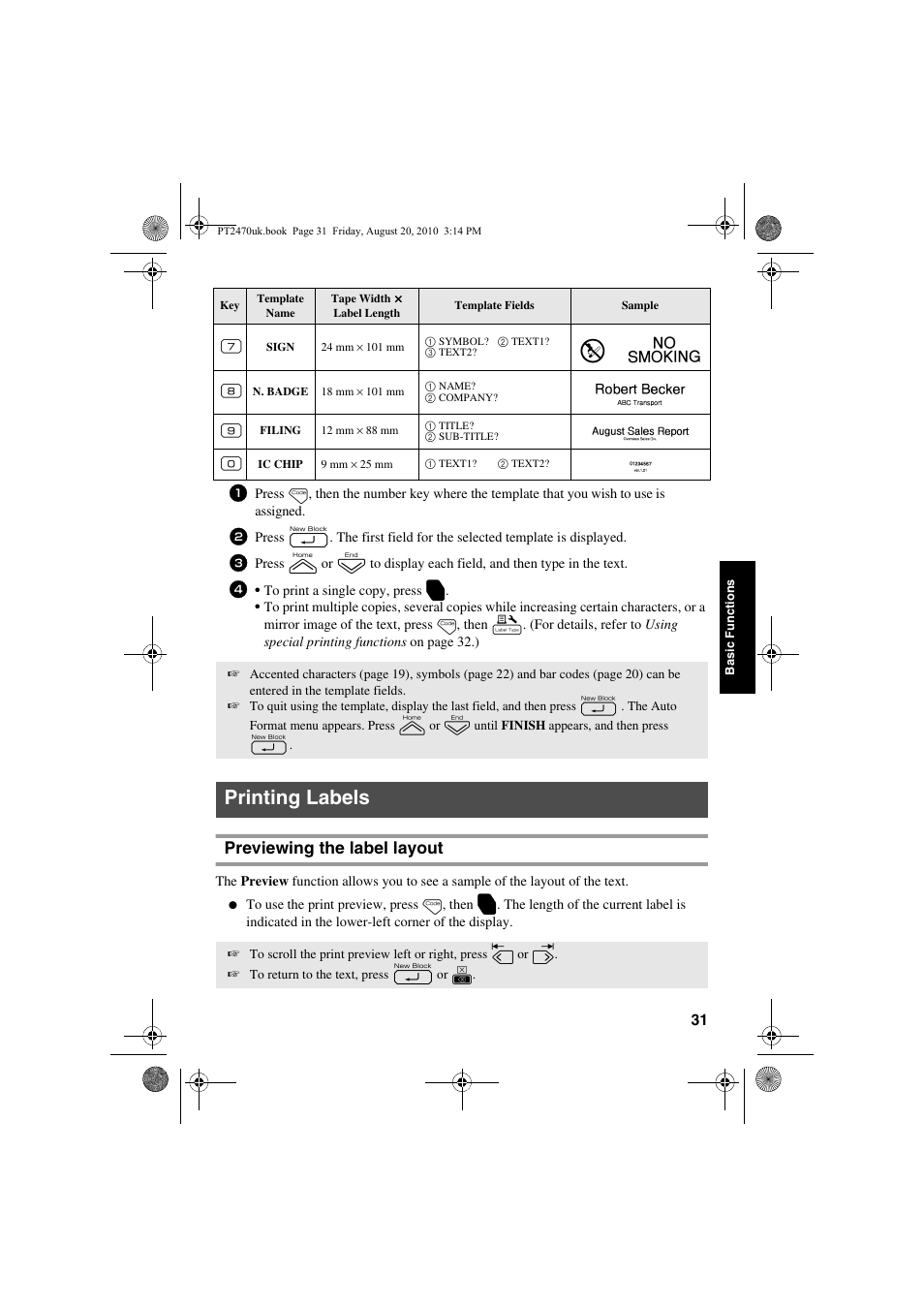 Printing labels, Previewing the label layout | Brother PT-2470 User Manual | Page 41 / 66